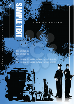 Royalty Free Clipart Image of a Truck and Two Police Officers on a Grunge Blue Backgroudn