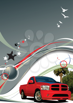 Royalty Free Clipart Image of a Red Pickup and a Tree on a Grey Background With Stars, Birds