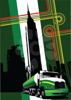 Royalty Free Clipart Image of a Truck In Front of a City Landscape
