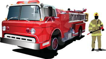 Royalty Free Clipart Image of a Fire Engine and Firefighter Holding an Ax