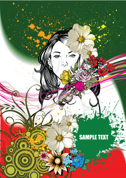 Royalty Free Clipart Image of a Girl With a Big Flower in Her Hair and a Bunch of Flowers at Her Chin