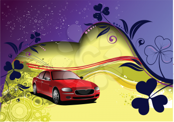 Royalty Free Clipart Image of a Floral Spring Background With a Car