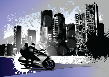 Royalty Free Clipart Image of a City Background With a Motorcycle