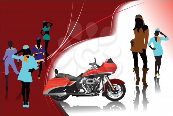 Royalty Free Clipart Image of Girls and a Motorcycle