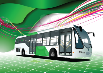 Royalty Free Clipart Image of a Bus on a Green Tile and Wave Background