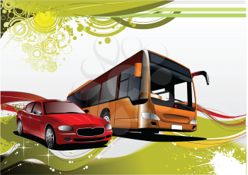 Royalty Free Clipart Image of a Bus and a Red Car
