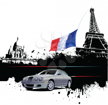 Royalty Free Clipart Image of a Car in Front of the Eiffel Tower