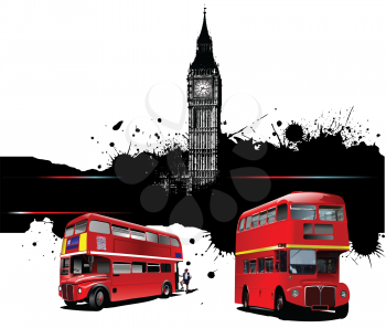 Royalty Free Clipart Image of Double Decker Buses in Front of Big Ben