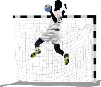 Royalty Free Clipart Image of a Guy Jumping at a Goal With a Ball in His Hand