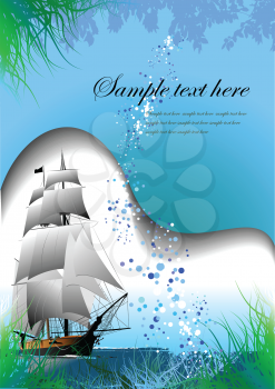 Royalty Free Clipart Image of a Marine Background With a Clipper Ship