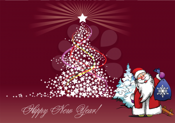 Royalty Free Clipart Image of Santa and a Tree on a New Year's Greeting