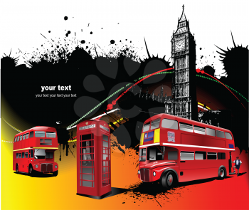 Royalty Free Clipart Image of Two English Buses, a Phone Booth and Big Ben