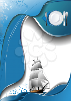 Royalty Free Clipart Image of a Restaurant Menu With a Ship and Plate