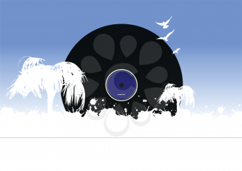 Royalty Free Clipart Image of an LP Behind a White Tree With White Birds Flying Over It