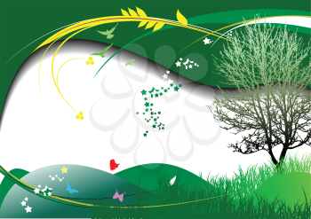 Royalty Free Clipart Image of a Summer Scene With a Tree and Butterflies on Grassy Hills