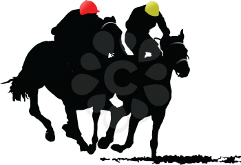 Royalty Free Clipart Image of a Horse Race with Riders in Yellow and Red Hats