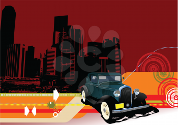Royalty Free Clipart Image of Urban Scene With an Antique Car in Front