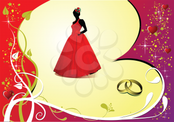 Royalty Free Clipart Image of a Woman in a Red Dress and Two Gold Bands