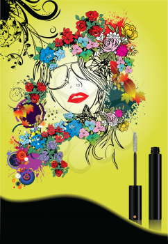 Royalty Free Clipart Image of a Woman With Flowers in Her Hair and a Mascara Brush at the Side