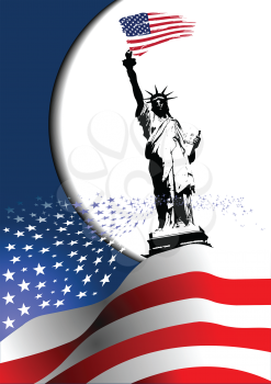 Royalty Free Clipart Image of the Statue of Liberty With an American Flag