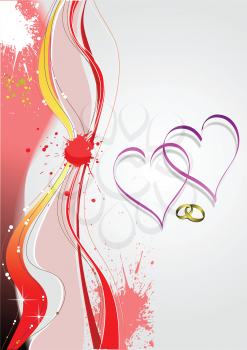 Royalty Free Clipart Image of Hearts and Rings on a Background With Splashes