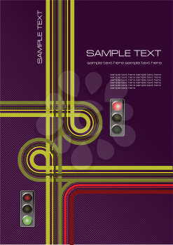 Royalty Free Clipart Image of a Lines Representing Roads and Traffic Signals on a Purple Background