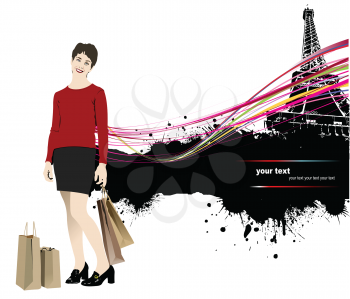 Royalty Free Clipart Image of a Woman With Shopping Bags by the Eiffel Tower