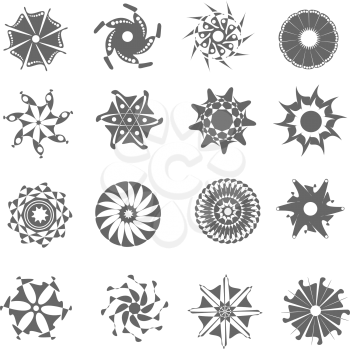 Royalty Free Clipart Image of a Set of Snowflakes, Flowers or Pinwheels