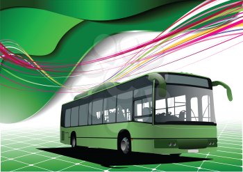 Royalty Free Clipart Image of a Green Background With Ribbons of Colour and a Bus