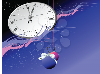 Royalty Free Clipart Image of a New Year's Clock With Hanging Ornaments