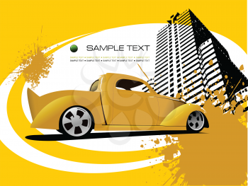 Royalty Free Clipart Image of a Yellow Truck and a Building With Space for Text