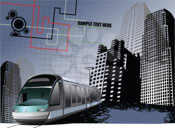 Royalty Free Clipart Image of an Urban Background With a Commuter Train