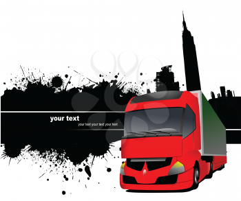 Royalty Free Clipart Image of a Red Truck on a Grunge Blot in Front of Silhouetted Buildings
