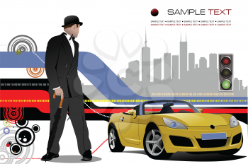 Royalty Free Clipart Image of a Man and a Car in Front of Silhouetted Buildings