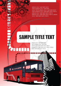 Royalty Free Clipart Image of a Bus and Building on a Red Background