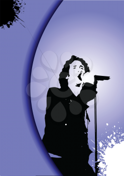 Royalty Free Clipart Image of a Singer at a Microphone on a Purple Grunge Background