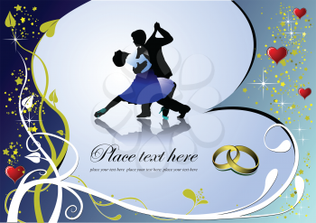 Royalty Free Clipart Image of a Romantic Dance With Wedding Bands in the Corner