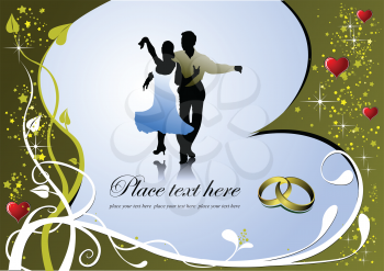 Royalty Free Clipart Image of a Couple Doing a Tango and Wedding Bands With Space For Text