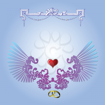 Royalty Free Clipart Image of a Card With a Heart and Wedding Bands