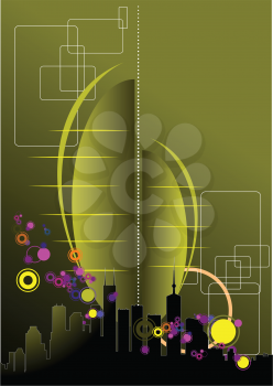 Royalty Free Clipart Image of an Abstract Background with Silhouetted Buildings at the Bottom
