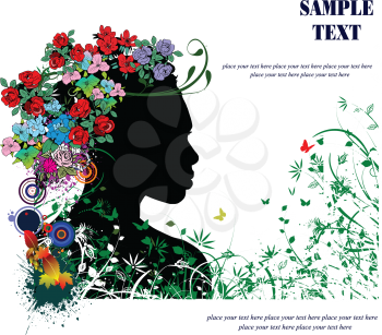 Royalty Free Clipart Image of a Floral Woman Silhouette Profile