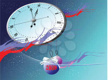 Royalty Free Clipart Image of a New Year's Clock With Hanging Ornaments
