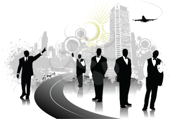 Royalty Free Clipart Image of People in Silhouettes With Buildings