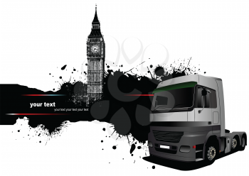 Royalty Free Clipart Image of a Grunge Banner With Big Ben and a Truck