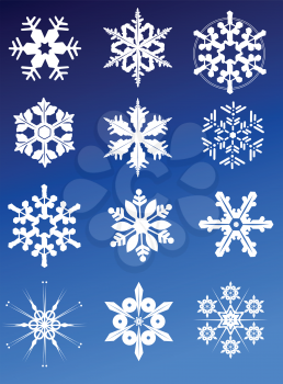Royalty Free Clipart Image of a Collection of Snowflakes on Blue
