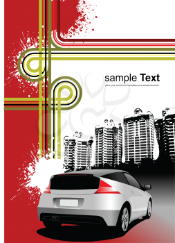 Royalty Free Clipart Image of an Urban Background With a Car in the Foreground