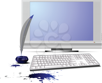 Royalty Free Clipart Image of a Quill Pen and a Computer With Spilled Ink