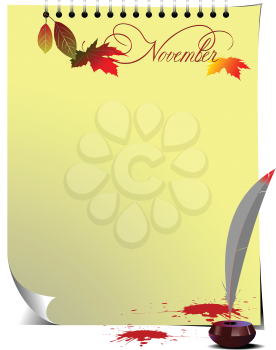 Royalty Free Clipart Image of a November Page With a Quill Pen and Inkwell