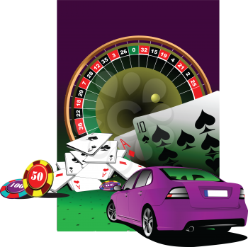 Casino elements with purple luxury sedan car . Vector illustration