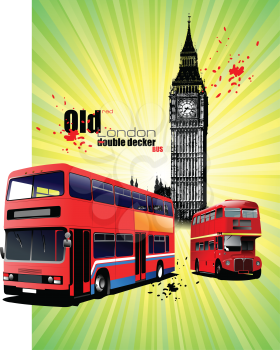 Poster  with old London red double Decker bus. Vector illustration